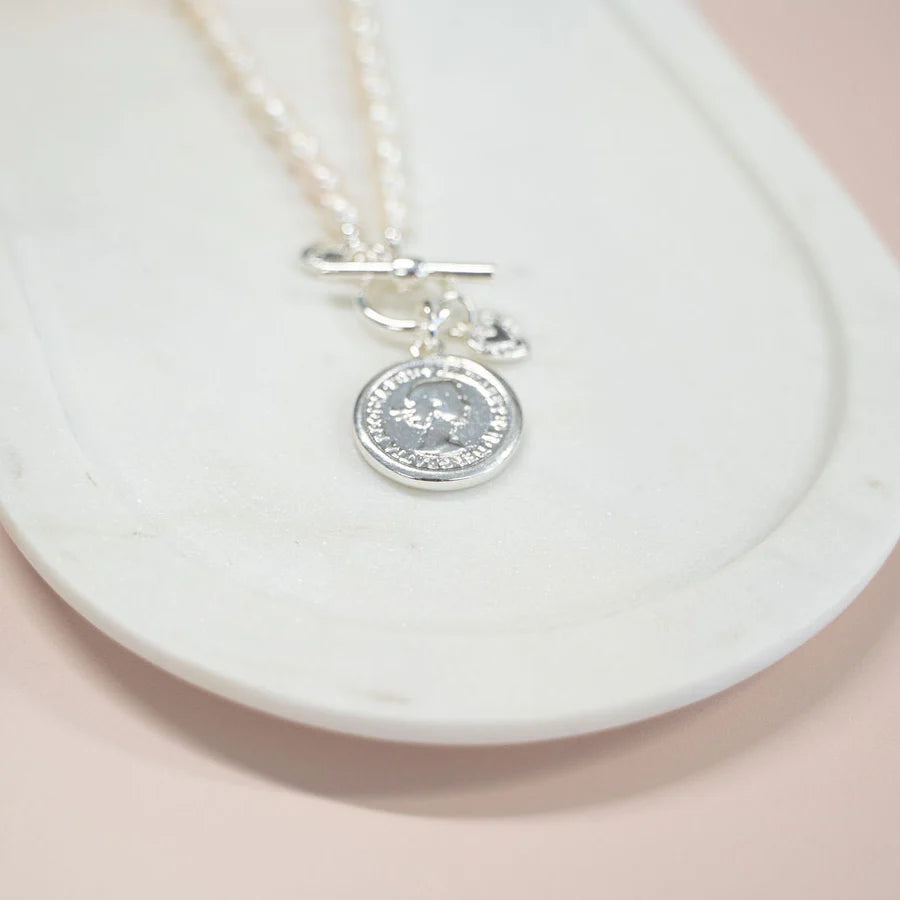 Silver Coin and Fresh Water Pearl Short Necklace