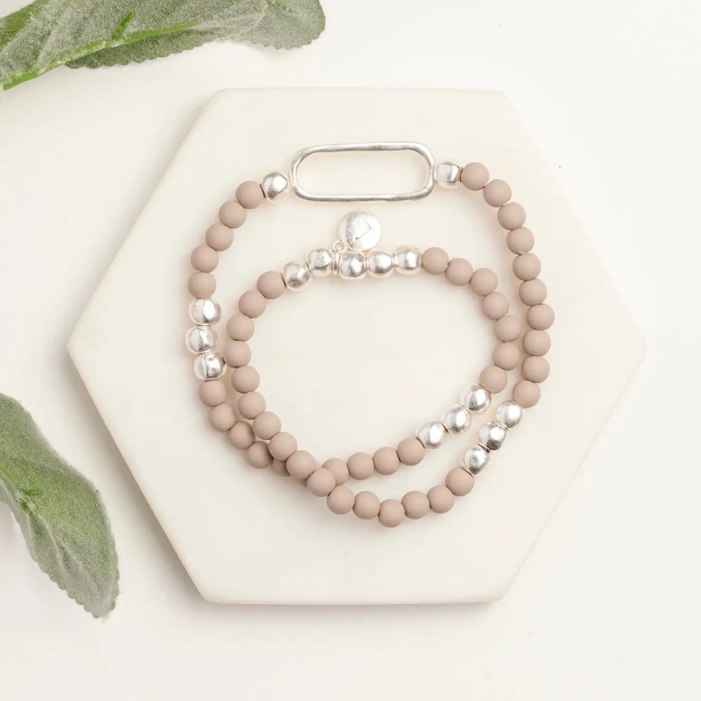 Silver and Beige Bead Bracelet