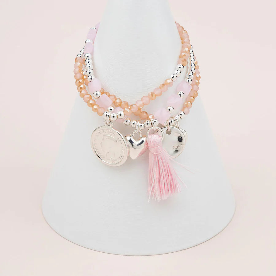 Silver Coin on Pink Bead Bracelet