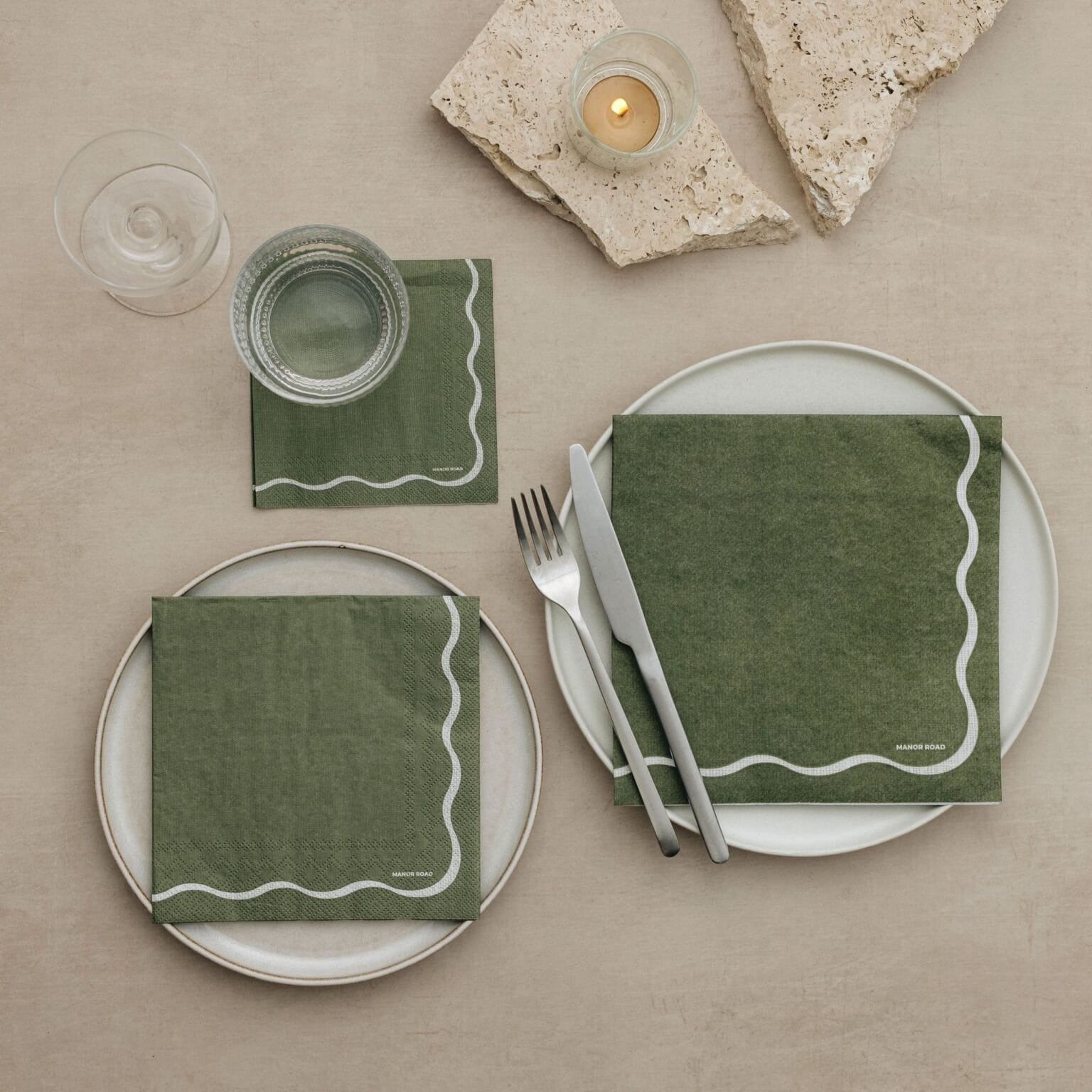 Manor Road Linen (Olive and White Scallop) Napkins - Cocktail