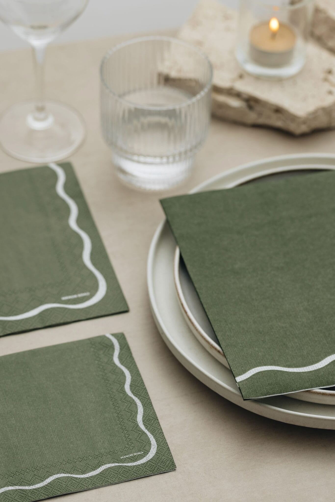 Manor Road Linen (Olive and White Scallop) Napkins - Cocktail