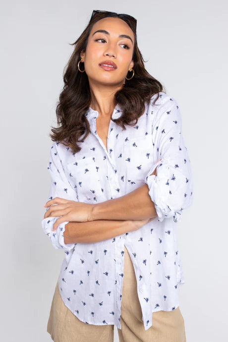 Boyfriend Linen Shirt Blue Palms