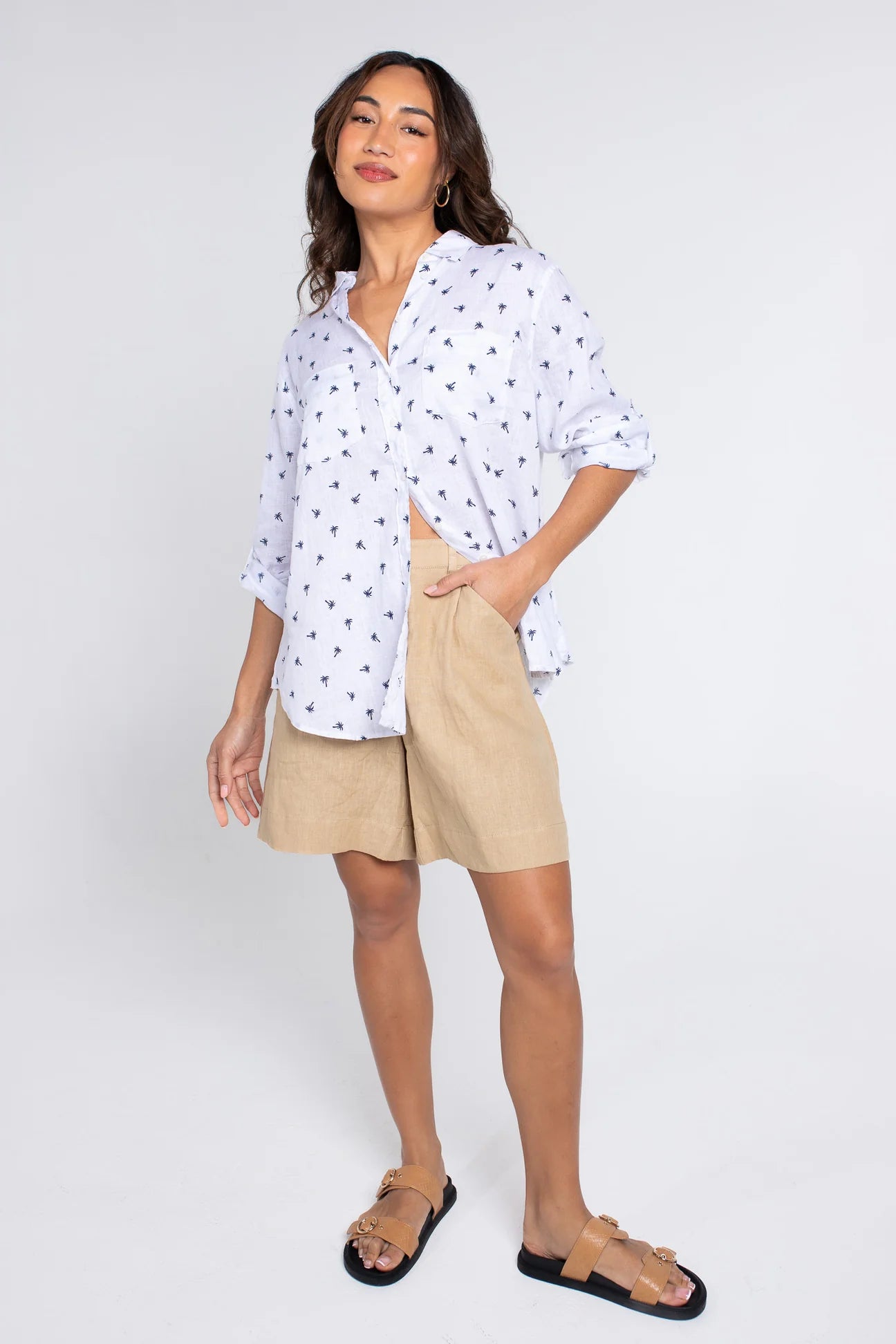 Boyfriend Linen Shirt Blue Palms