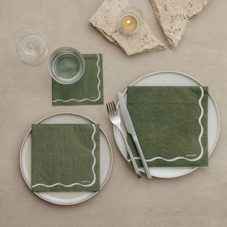 Manor Road Linen (Olive and White Scallop) Napkins - Dinner