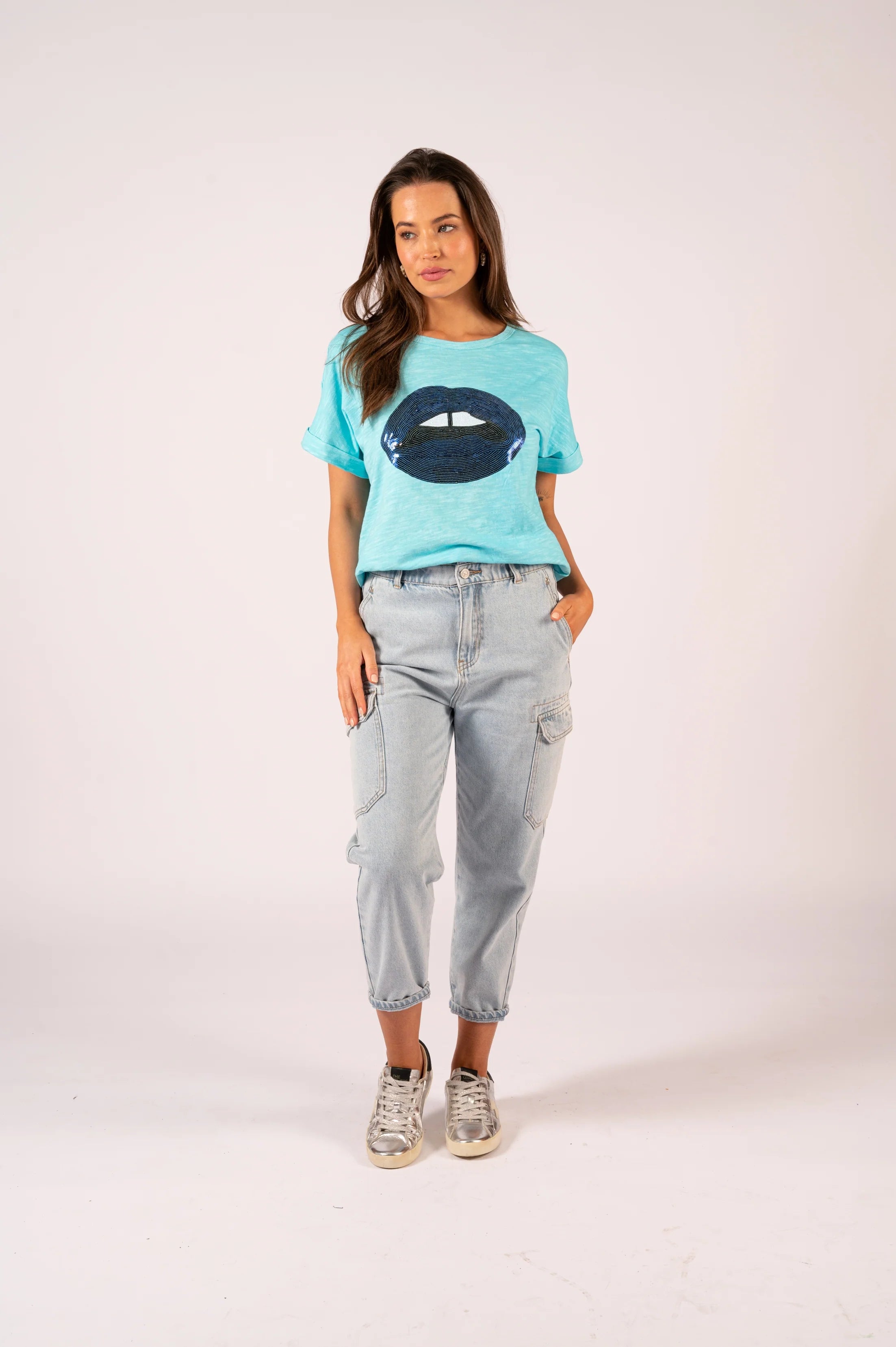 Jade Relaxed Tee - Soft Blue Sequin Lips